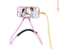 White universal phone holder with 360-degree rotating clamp strapped around a person's neck.