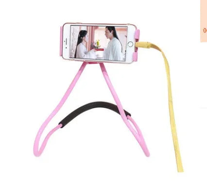 White universal phone holder with 360-degree rotating clamp strapped around a person's neck.