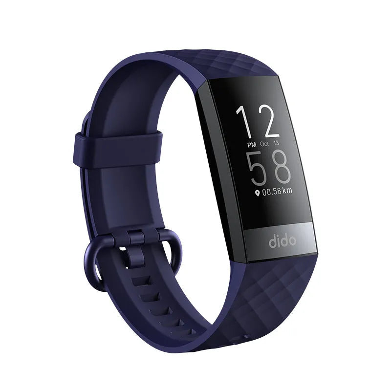 Black smart health bracelet with 1.1-inch screen displaying ECG graph, blood pressure, and heart rate readings on wrist.