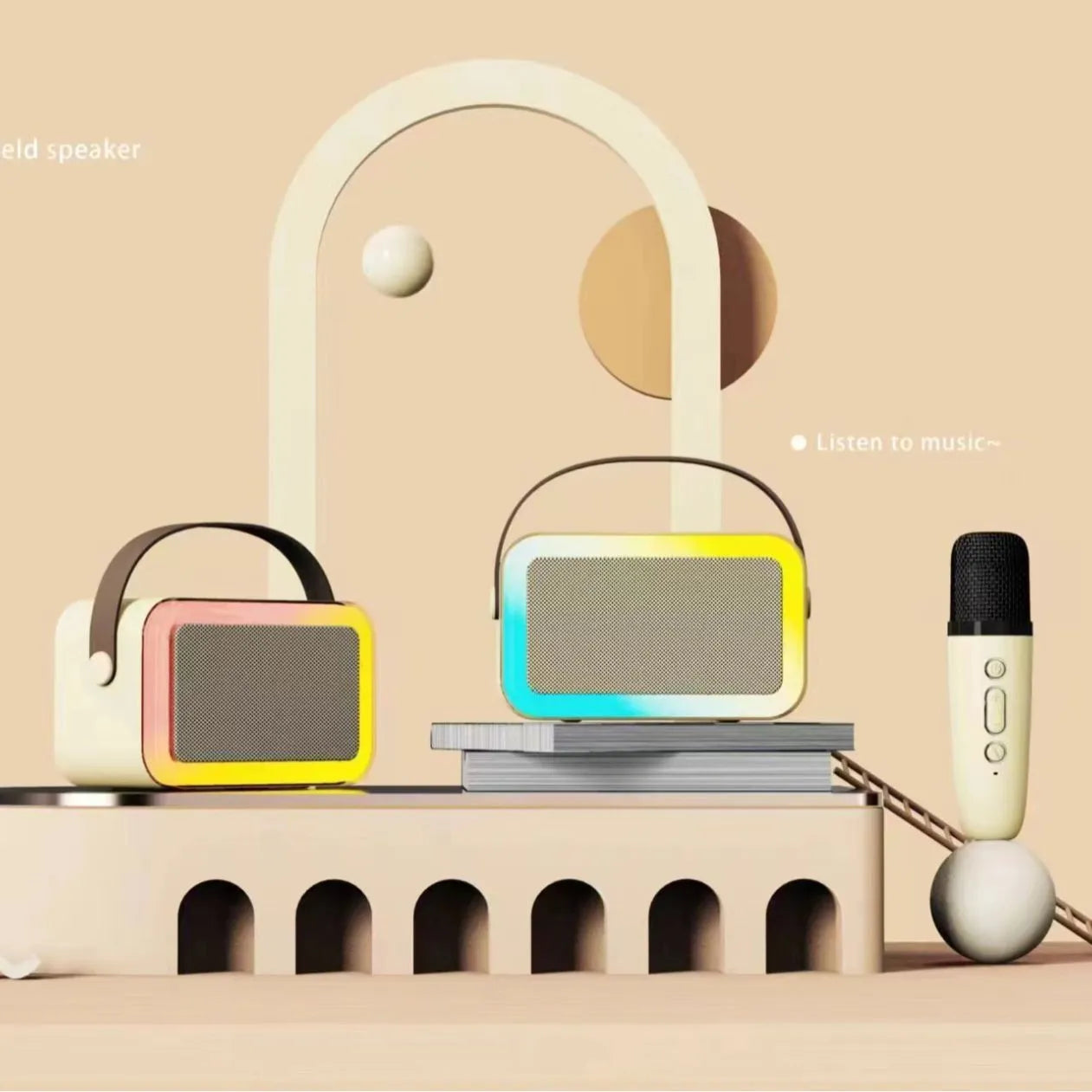 Portable Bluetooth karaoke speaker with microphone and coloured LED lights in pink, sky blue, and white colour options.