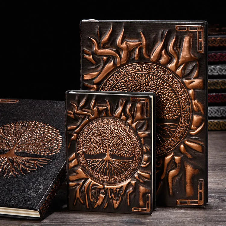 Tree of Life notebook with metallic PU cover, wireless binding, A5 or A6 size, double adhesive paper