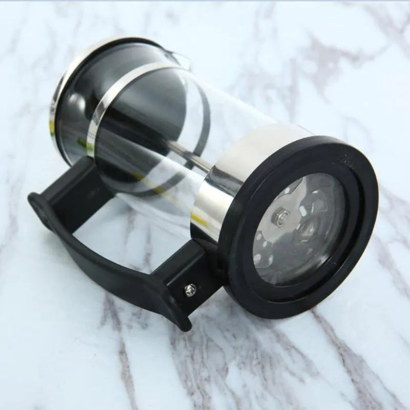 Glass and stainless steel manual coffee maker with 350ml capacity measuring 10cm wide by 8cm deep by 17cm tall