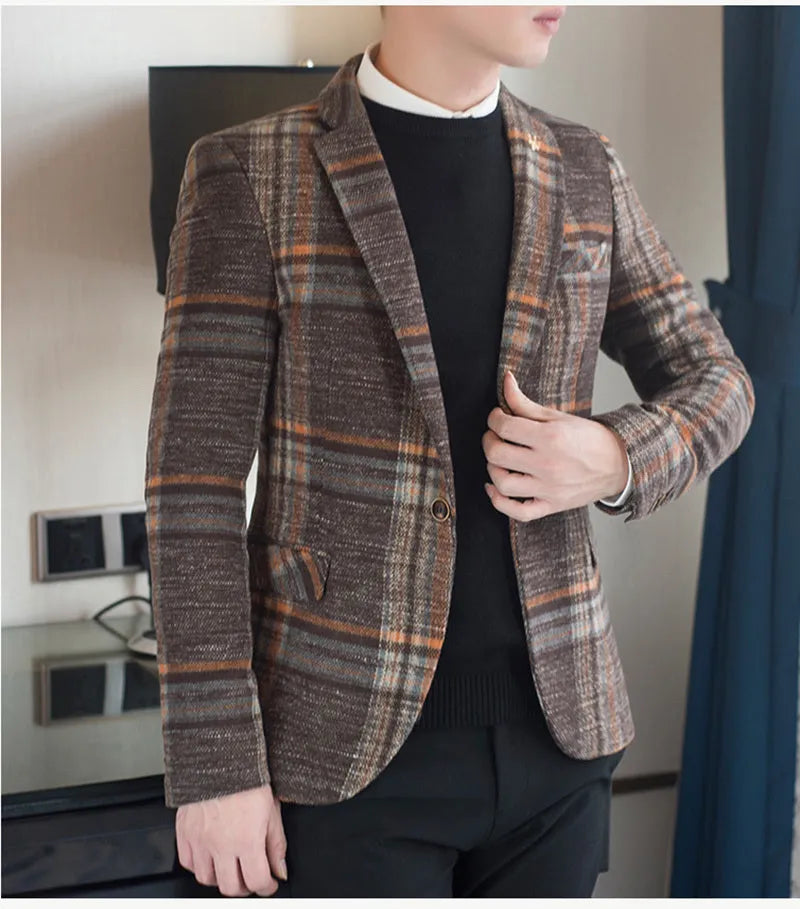 Men plaid slim fit polyester blazer in coffee colour with lapel collar and two-button front