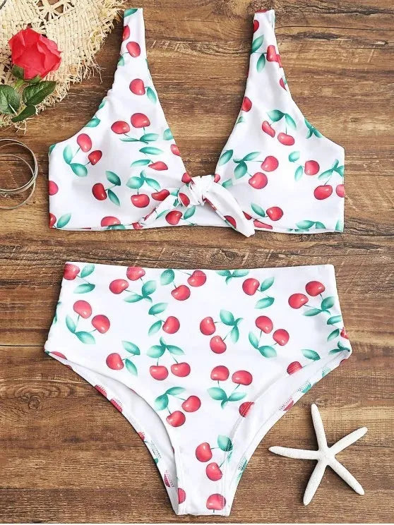 Knotted double-sided bikini swimsuit in polyester spandex, yellow flower orchid white flower, sizes L M S