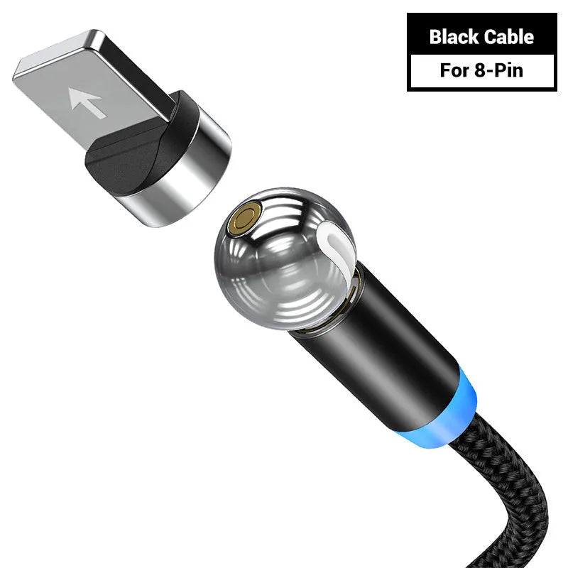 Black magnetic charging cable with spherical aluminium alloy connector on a 1 metre long TPE-coated cable.