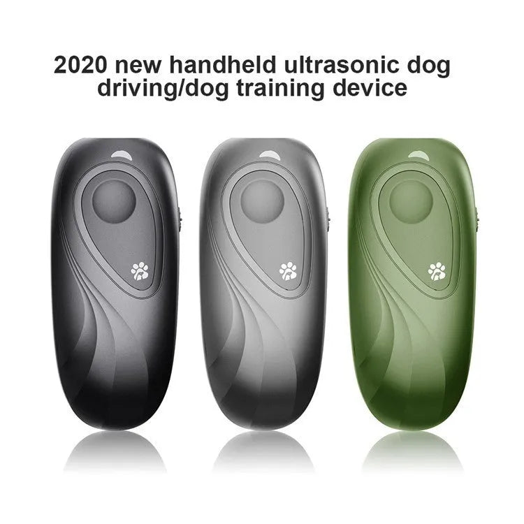 Handheld ultrasonic dog repeller in black with frequency button, ABS plastic, 9.5 cm height