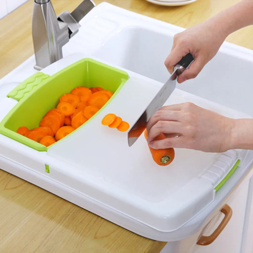 Green kitchen drain cutting board with hollow bottom design mounted on sink edge