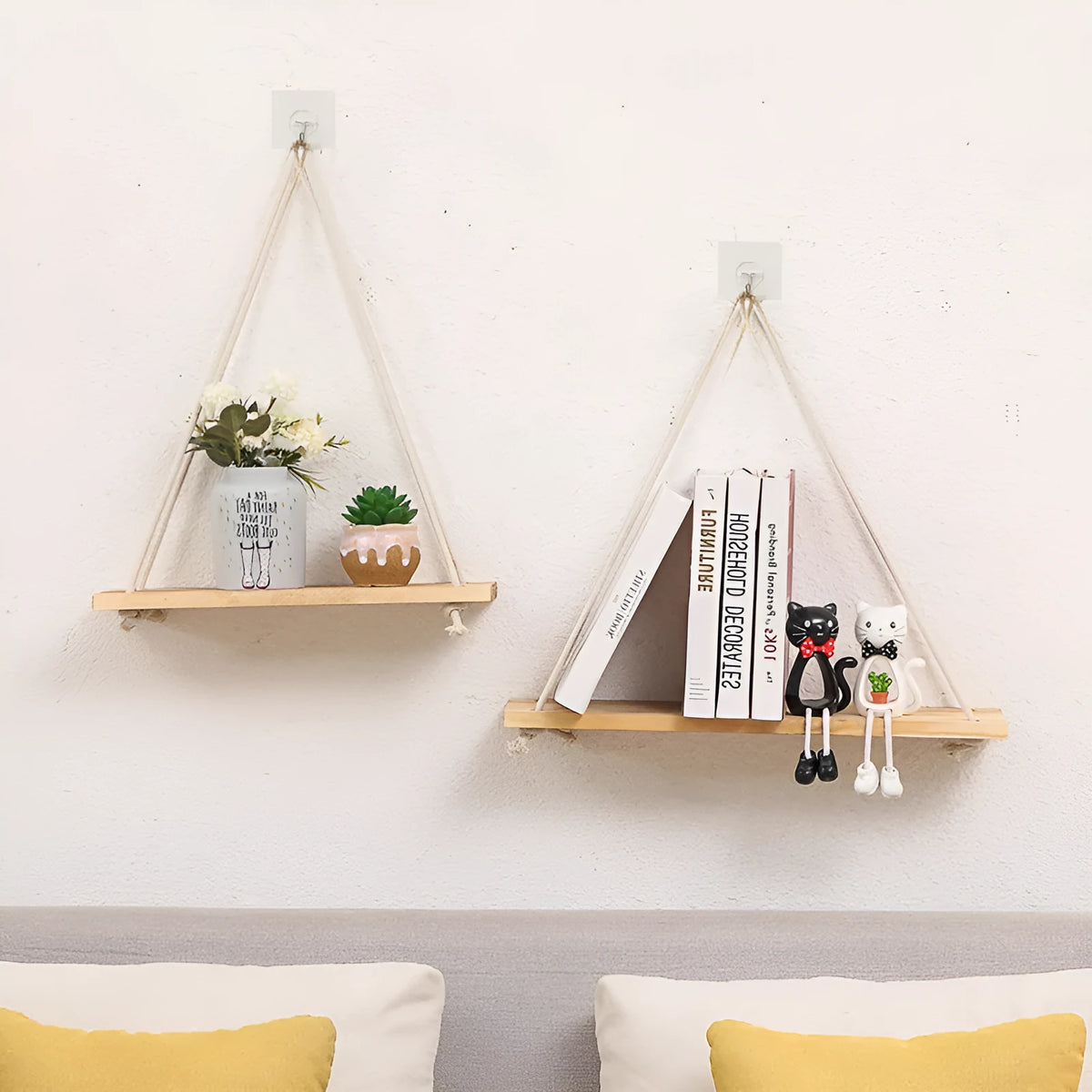 Wooden swing wall-mounted shelf in black or white, small 35cm or large 45cm, with twine cord and hooks for plants and crafts.