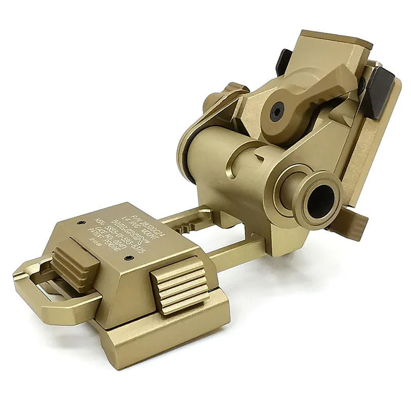 Tactical helmet dumper bracket in black, brown, and silver for mounting accessories.