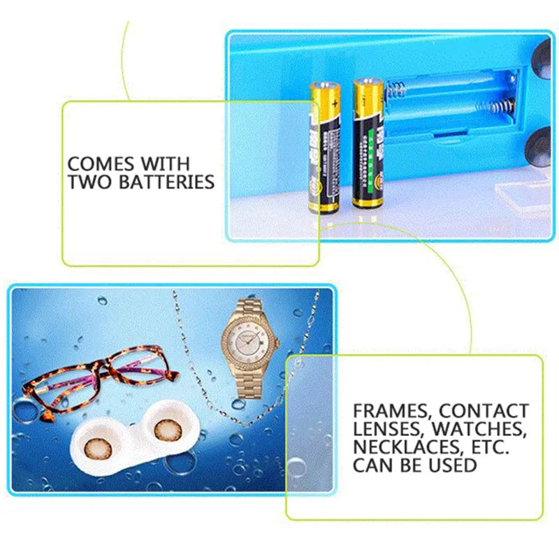 Blue plastic analog ultrasonic cleaner for glasses and contact lenses, 17x6x8 cm, with suction cups on a table