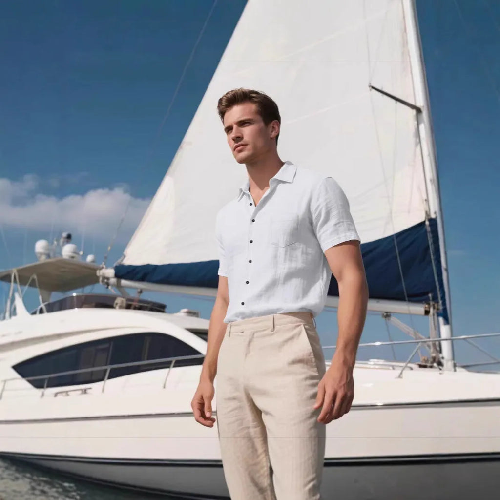 Men's loose cardigan-style short-sleeved shirt in cotton blend fabric showing colour options