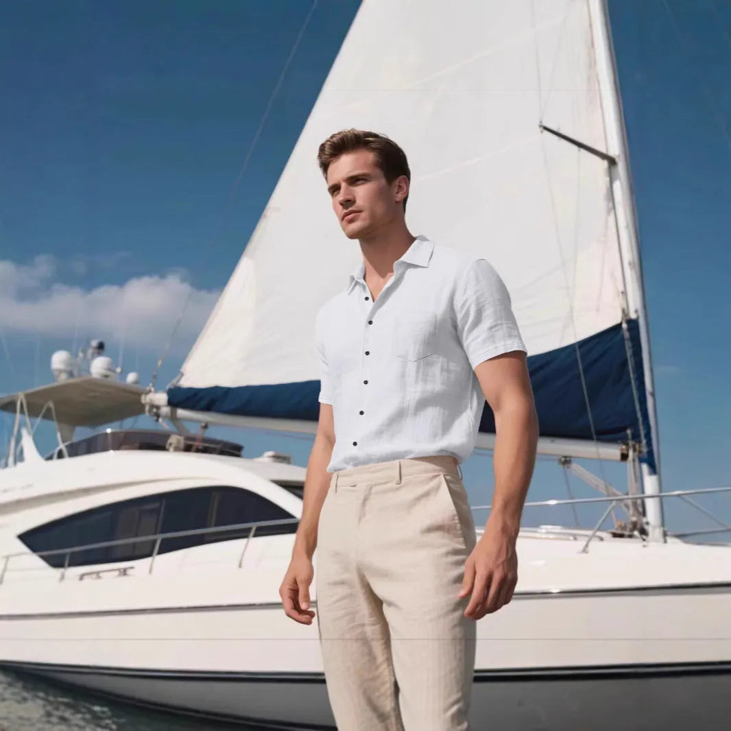 Men's loose cardigan-style short-sleeved shirt in cotton blend fabric showing colour options
