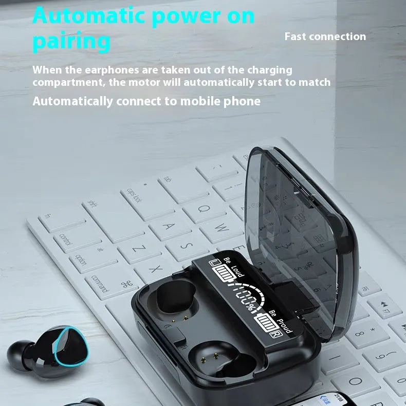 Black wireless Bluetooth earbuds with digital display charging case and magnetic charging