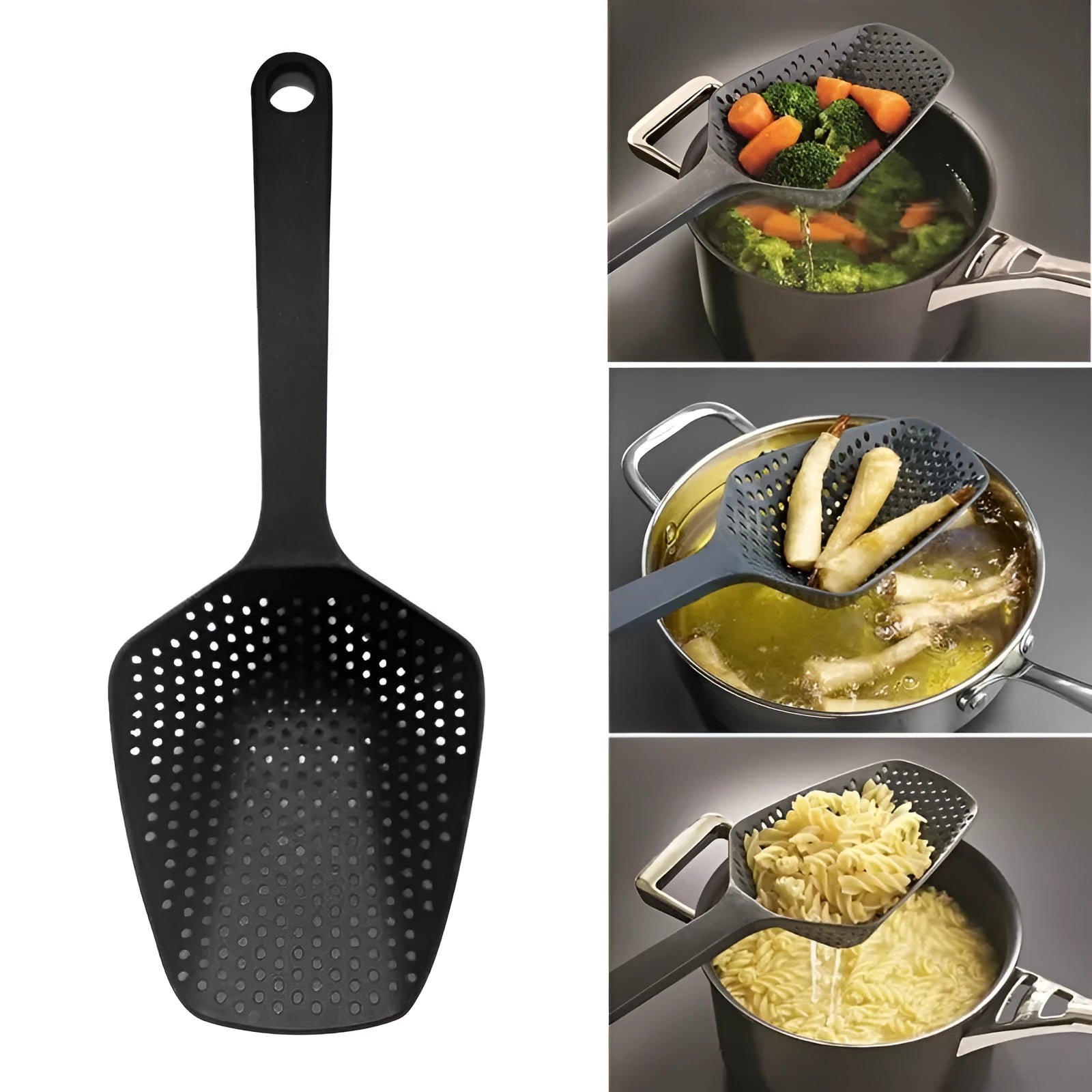 Large black nylon kitchen colander strainer scoop with draining holes for frying and soup.