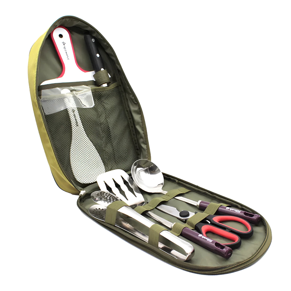 8-piece stainless steel camp kitchen utensil set in black storage bag on outdoor table