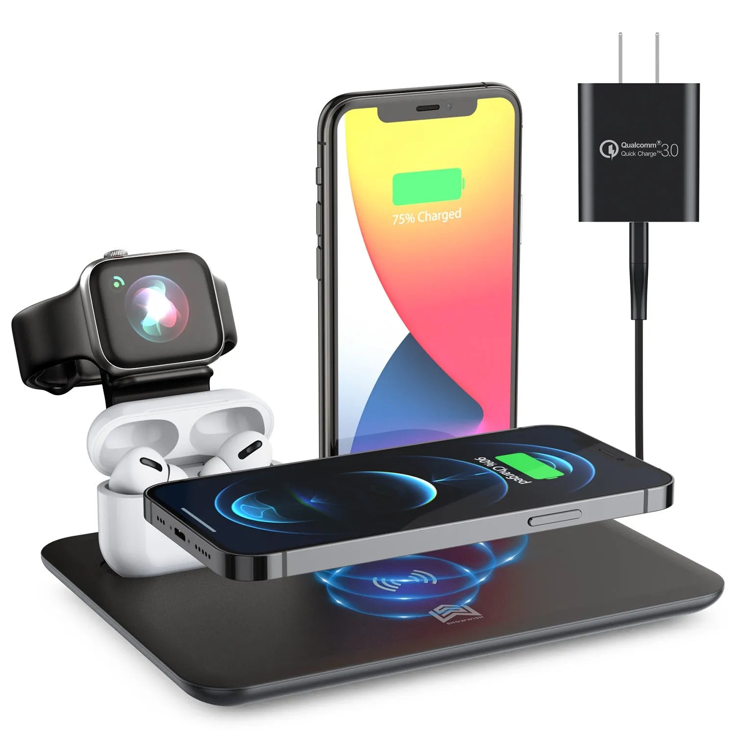 Black desktop wireless charging station with phone on pad and ports for watch and headphones.