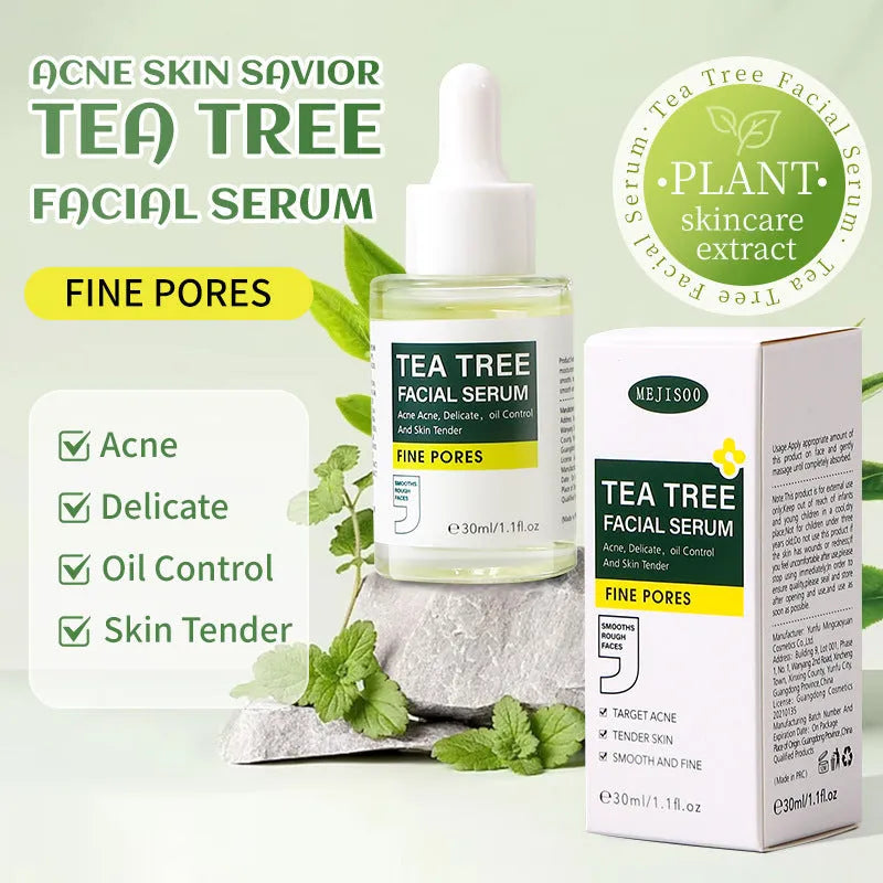 30ml tea tree facial serum in a bottle with a dropper, suitable for neutral oily dry mixed skin types