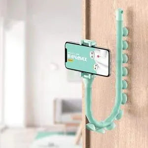 Flexible mobile phone holder with suction cup mount showing 62cm arm and 360-degree rotation capability