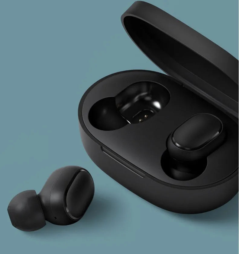 Redmi AirDots 2 black true wireless earphones and charging case on a white background.