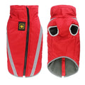 Thickened reversible dog jacket in polyester polar fleece, windproof winter pet coat in blue, red, rose red, or yellow, sizes XL to 6XL.