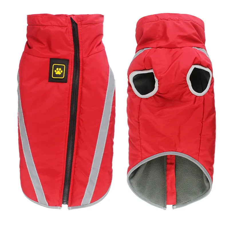 Thickened reversible dog jacket in polyester polar fleece, windproof winter pet coat in blue, red, rose red, or yellow, sizes XL to 6XL.