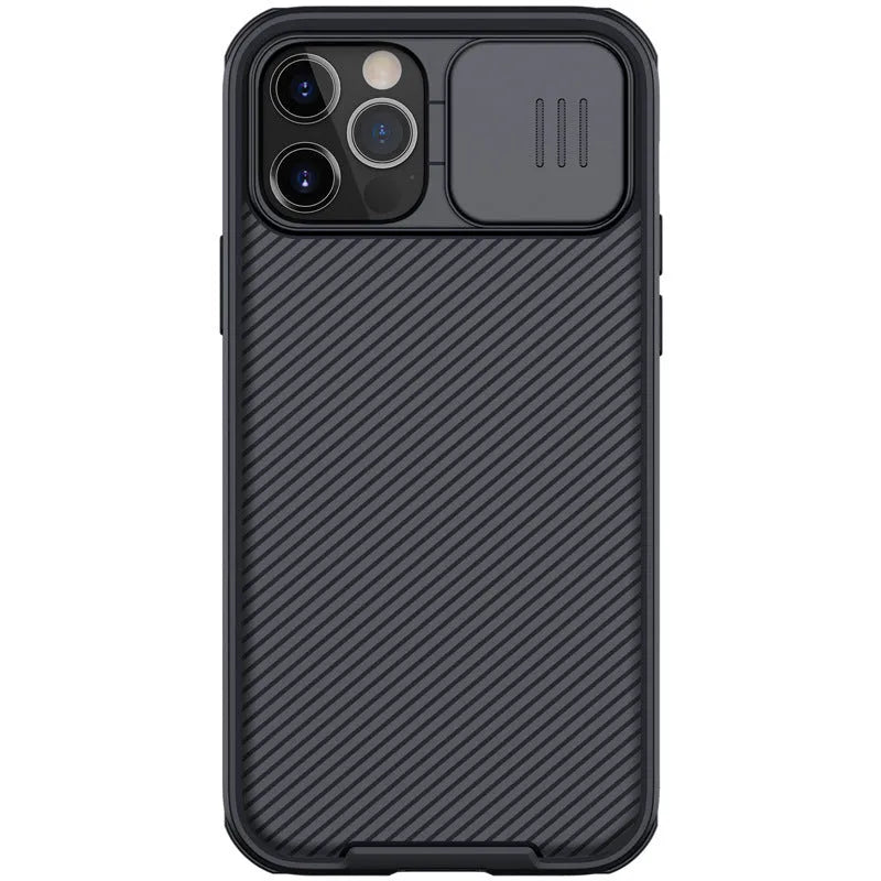 Black Mirror Series iPhone 12 phone case with sliding camera cover in black colour