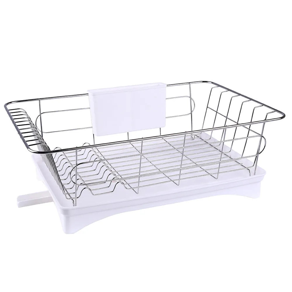 Black stainless steel counter top dish drying rack with plastic drain board and cutlery holder