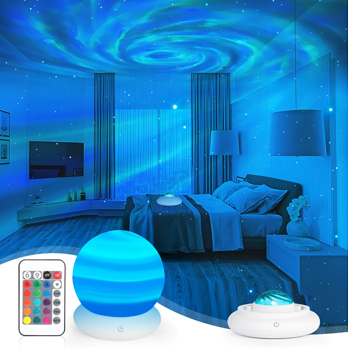Northern lights projection lamp with star and flame effects, remote control, rechargeable battery and plug-in options, 3W power supply
