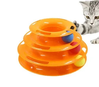 Interactive four-layer cat turntable toy with ball tower tracks, plastic, 16x29cm, in pink, blue, or orange
