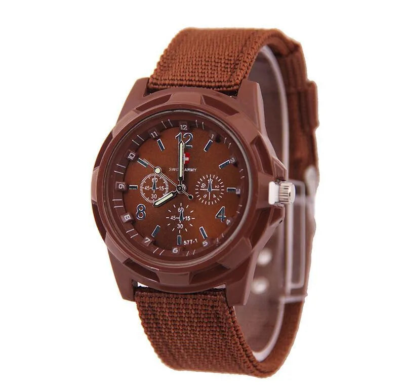 Cloth belt woven military quartz watch with 40.5mm round alloy case and textile strap, available in multiple colours