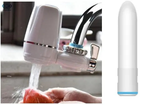 White plastic faucet water filter unit with adapters and ceramic cartridge for kitchen tap installation.