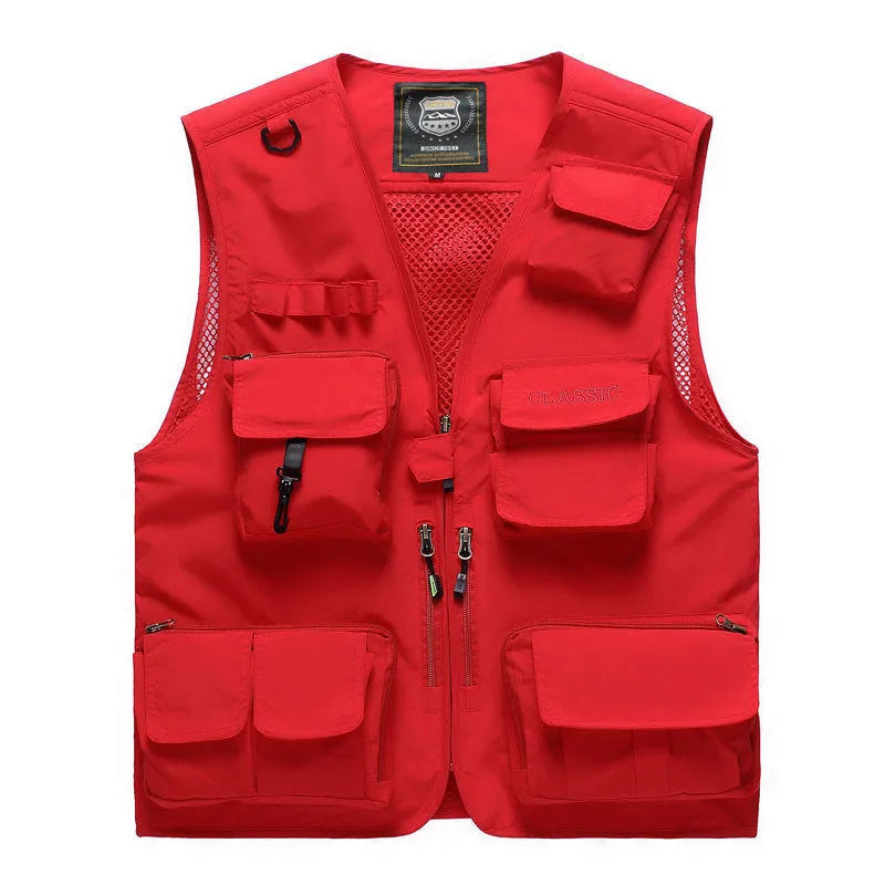 Cotton multi-pocket fishing vest with ribbed hem, available in army green, khaki, dark blue, black, red, orange