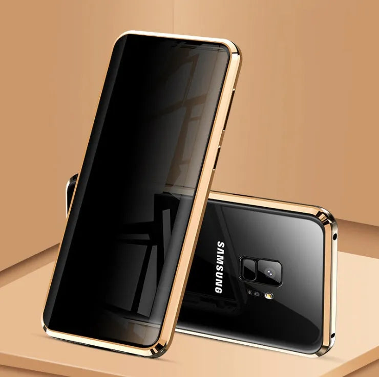 Black anti-peeping magnetic phone case for Samsung Galaxy shown in clamshell open position