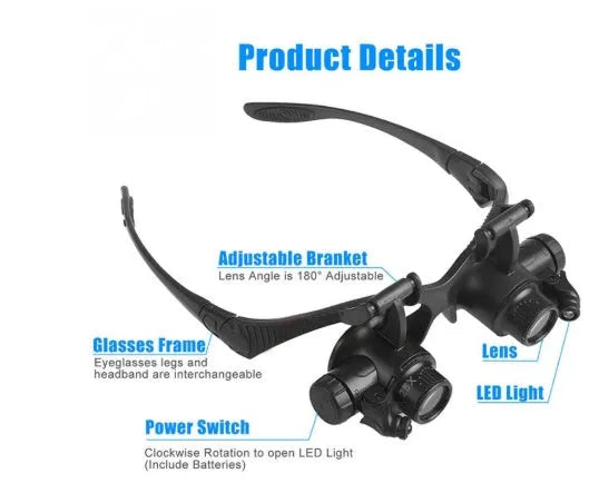 Black double eye magnifier glasses with LED lights and interchangeable lenses for precision repair work