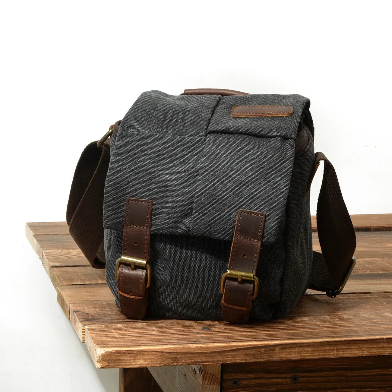 One-shoulder retro waterproof canvas camera bag for Canon SLR in dark grey with side pocket