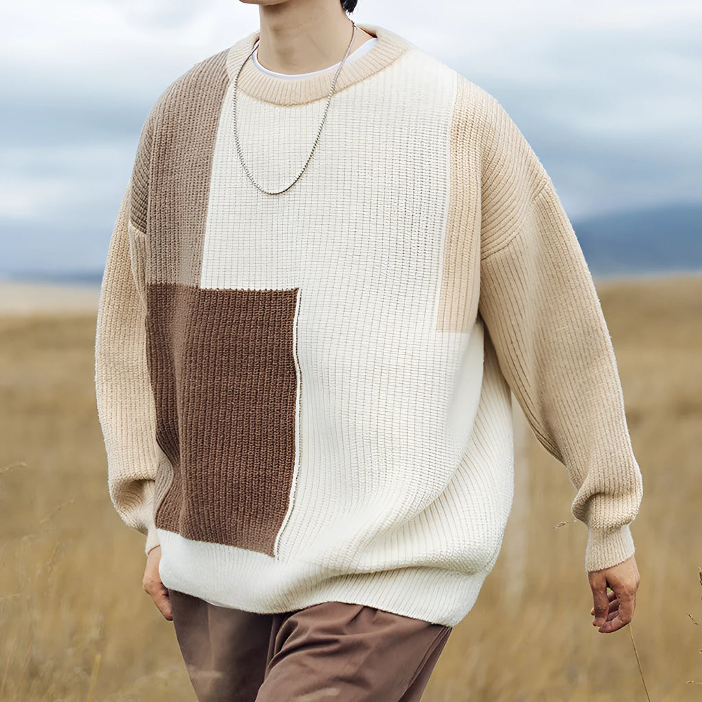 Men's colour block stitching knitwear sweater, loose long sleeve pullover in khaki or navy blue, sizes M to XXL