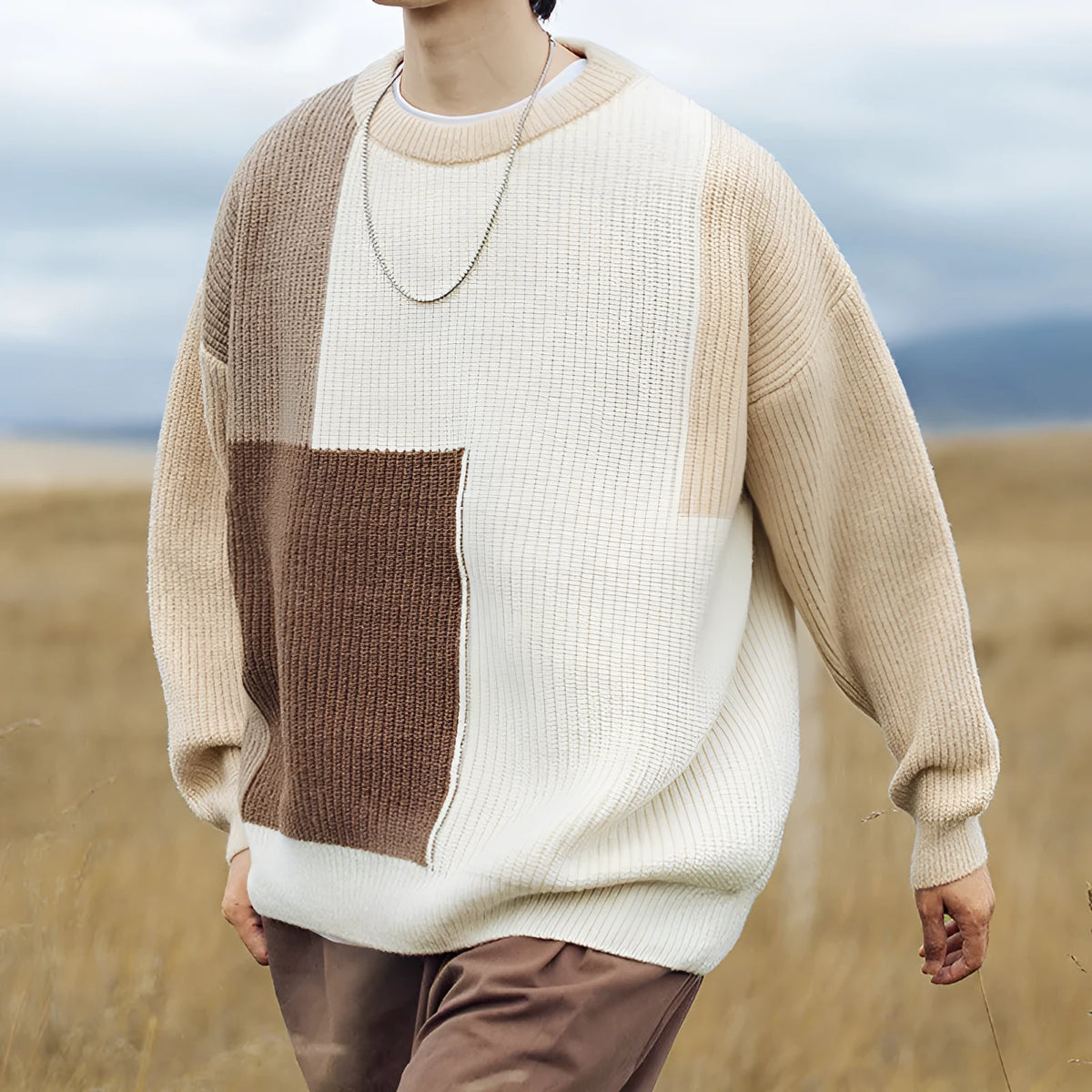 Men's colour block stitching knitwear sweater, loose long sleeve pullover in khaki or navy blue, sizes M to XXL