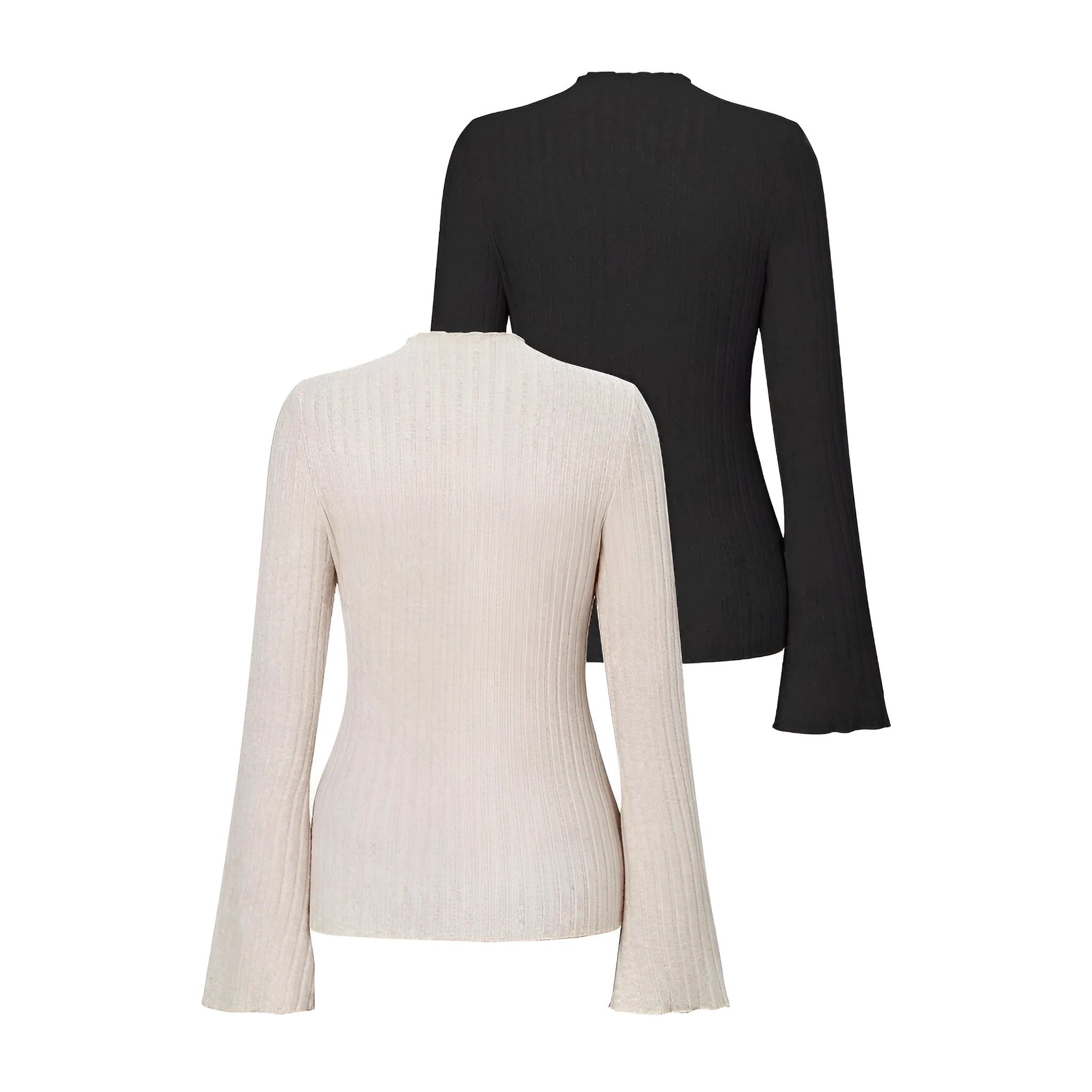 Black long sleeve slim fit top with round neck and lantern sleeves.