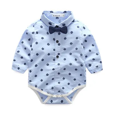 Young boy in blue cotton bow tie vest costume with shirt and pants for spring autumn