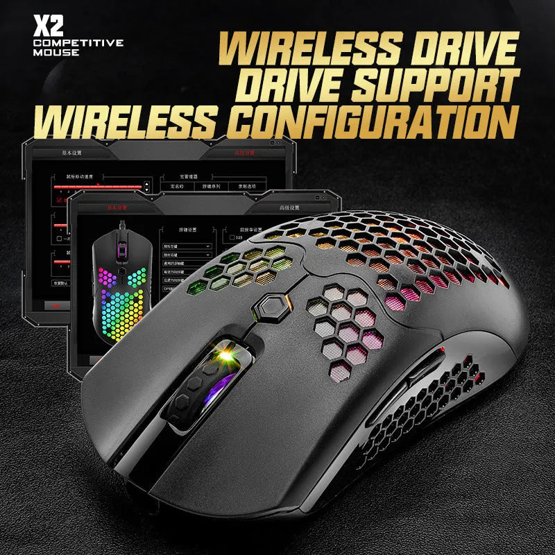 Free Wolf X2 wireless gaming mouse in black on a mouse mat, showing right-handed contour and RGB lighting.