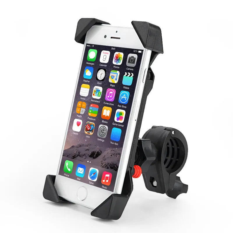 Black ABS motorcycle phone holder with charging port mounted on handlebar with adjustable phone cradle