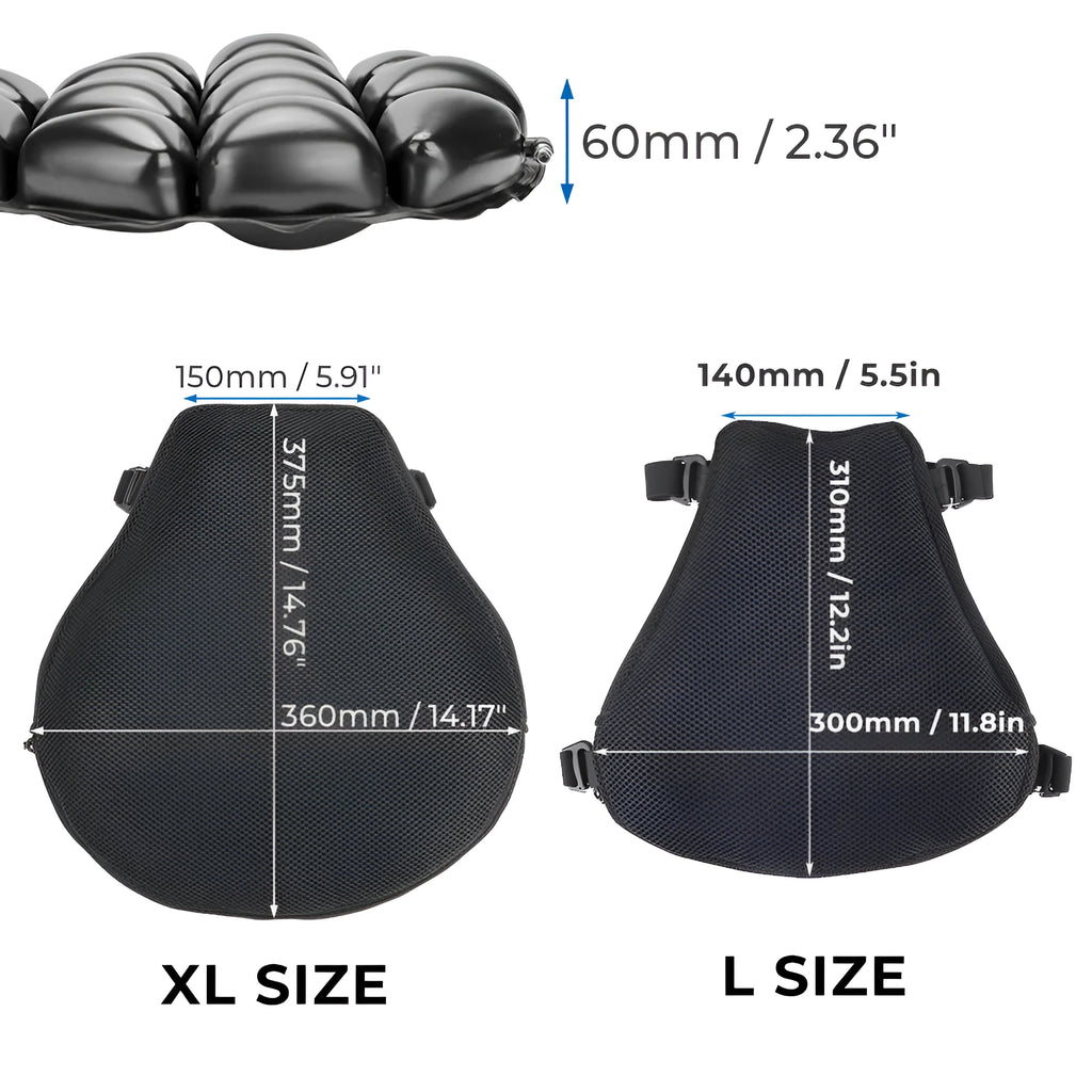 Black motorcycle seat cushion with 3D mesh cover and TPU airbag, L size 30x31 cm