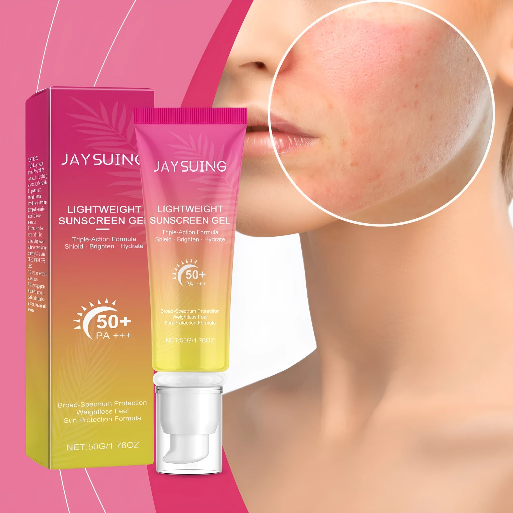 Lightweight sunscreen cream in 50g packaging with natural extracts for all skin types