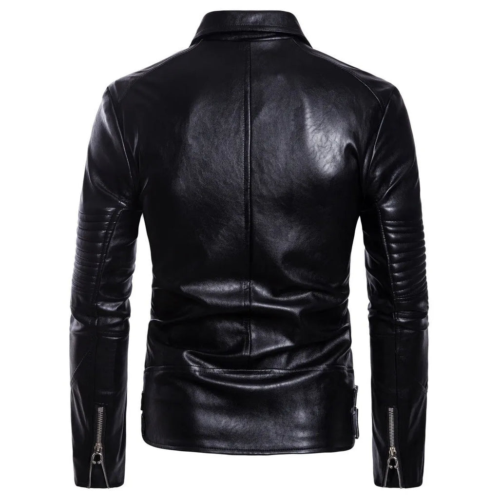 Men's black sheepskin leather jacket with suit collar and zip front, fit cut, not hooded