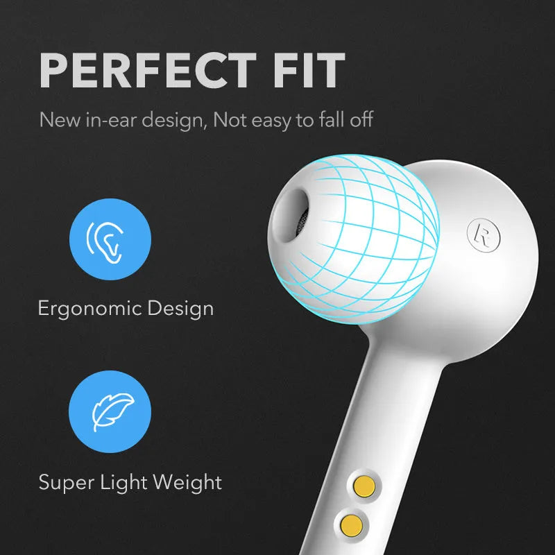Black and white TWS wireless Bluetooth earbuds with charging case, showing discreet in-ear design.