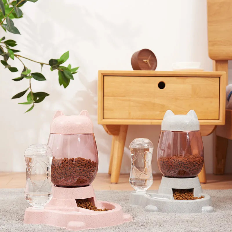 Automatic pet feeder drinking fountain with grey colour, 528ml water bottle and 2.21L bucket, 26cm length