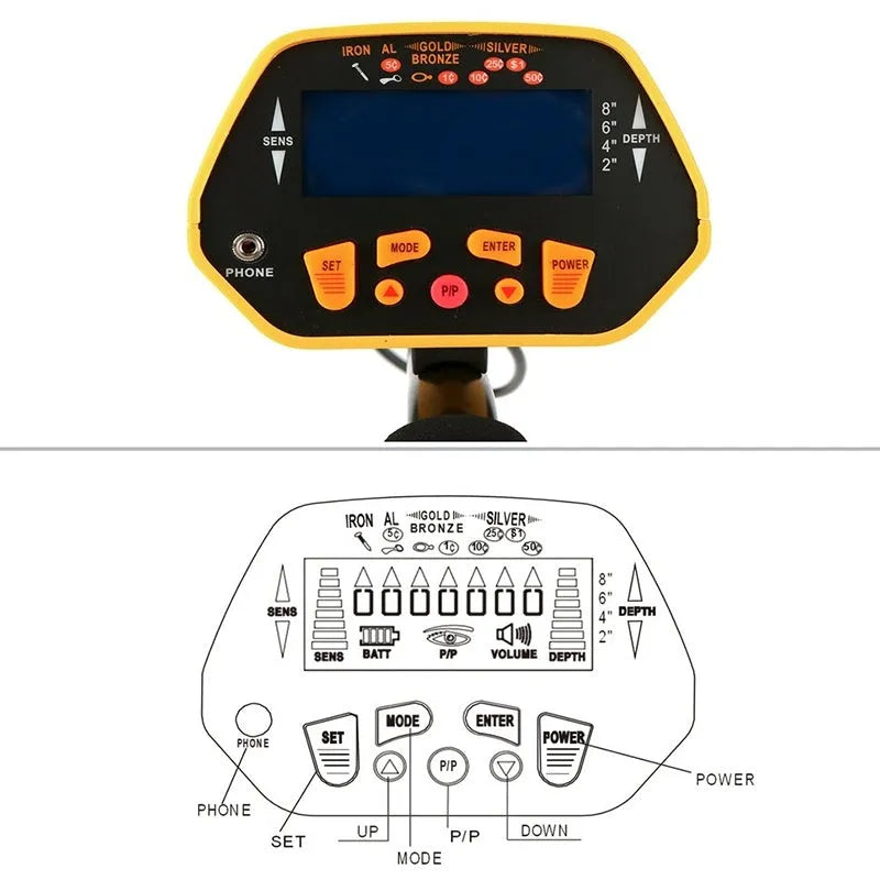 GC1028 black and yellow metal detector with LCD screen and adjustable pole, showing waterproof search coil.