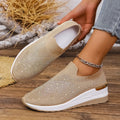 Women's wedge pumps with rhinestone decoration, round toe, mesh upper, low heel 1-3cm