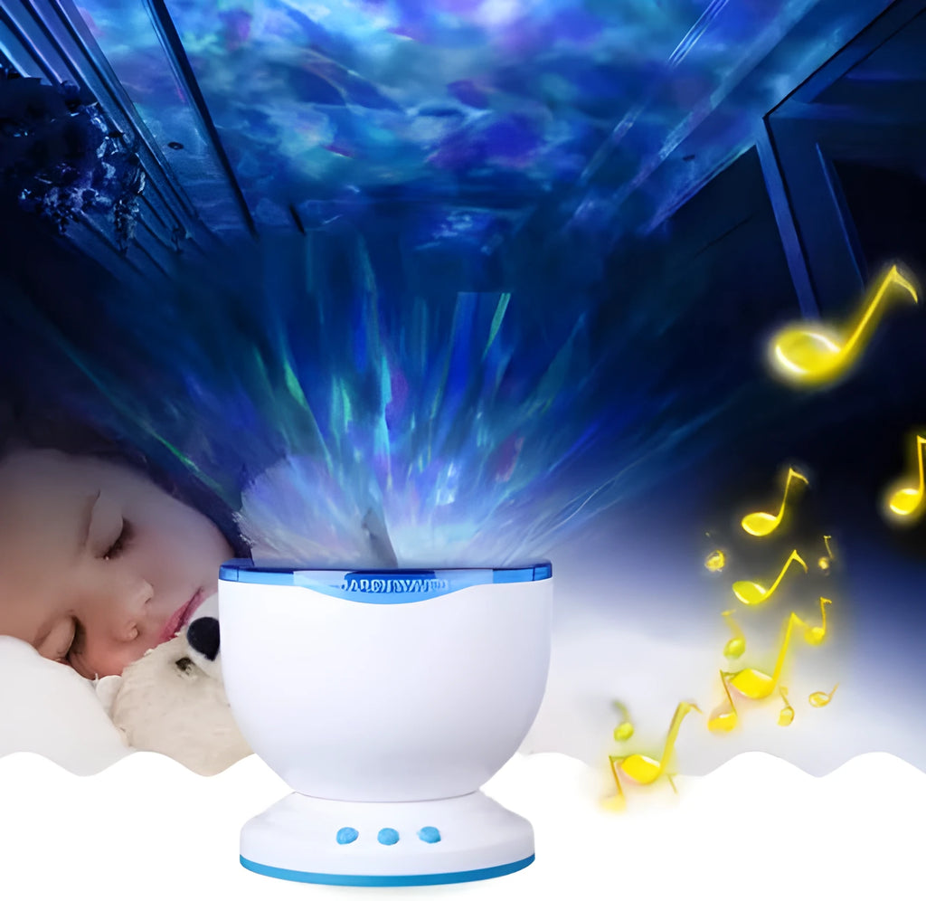 Blue fixed-mount ocean projection lamp for children's puzzle activities.