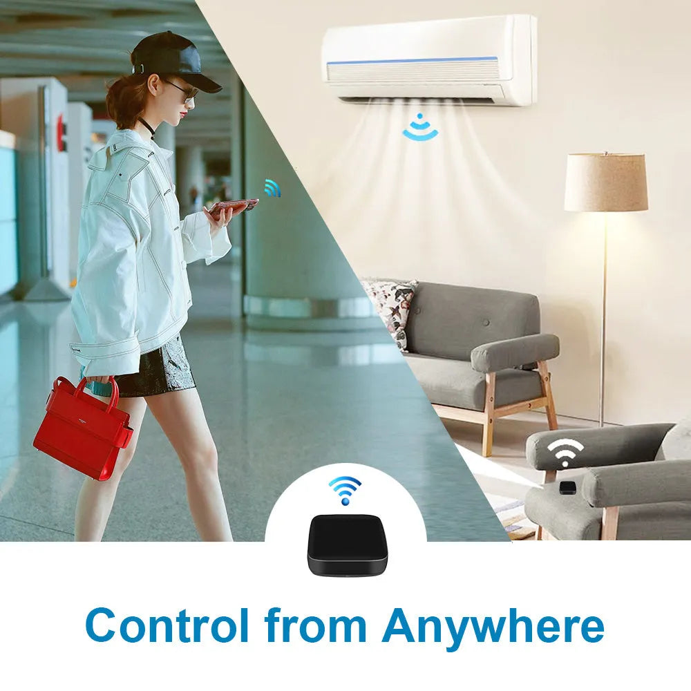 Black universal infrared remote control with voice command and WiFi connectivity features